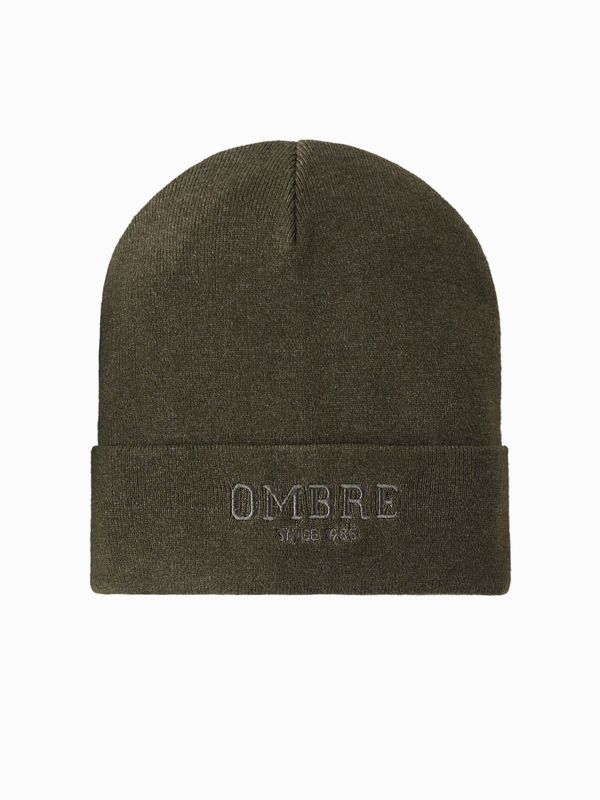 Ombre Ombre Men's knitted beanie cap with embroidered inscription - olive