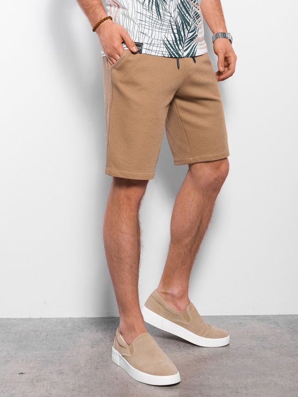 Ombre Ombre Men's knitted shorts with decorative elastic waistband - light brown