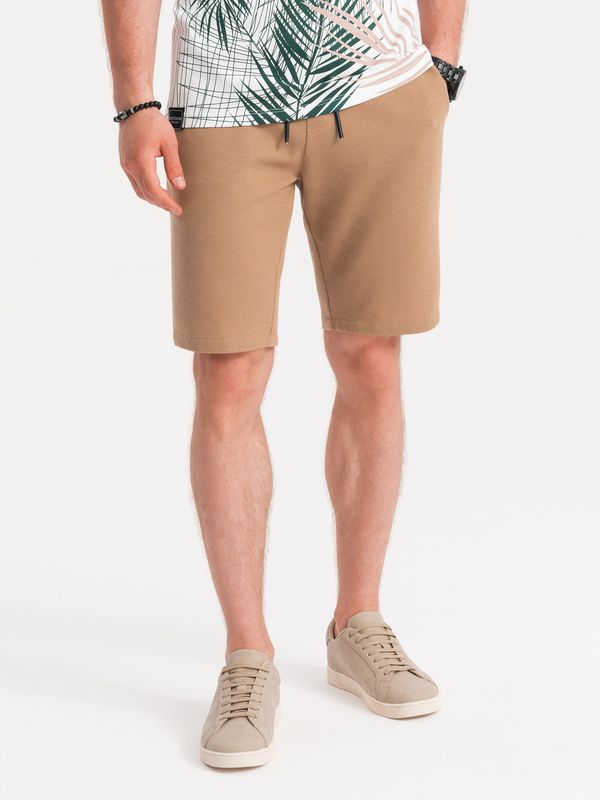 Ombre Ombre Men's knitted shorts with decorative elastic waistband - light brown