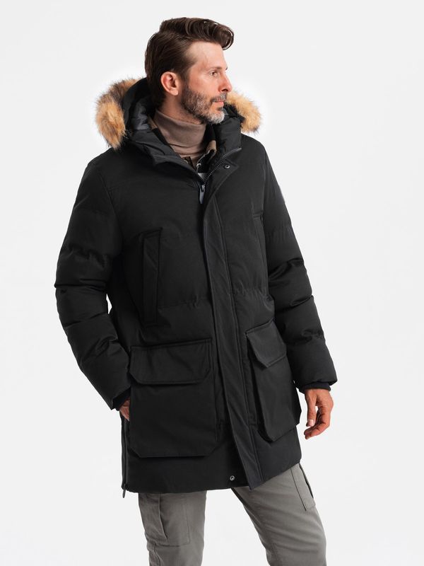 Ombre Ombre Men's long parka jacket with flared bottom - black