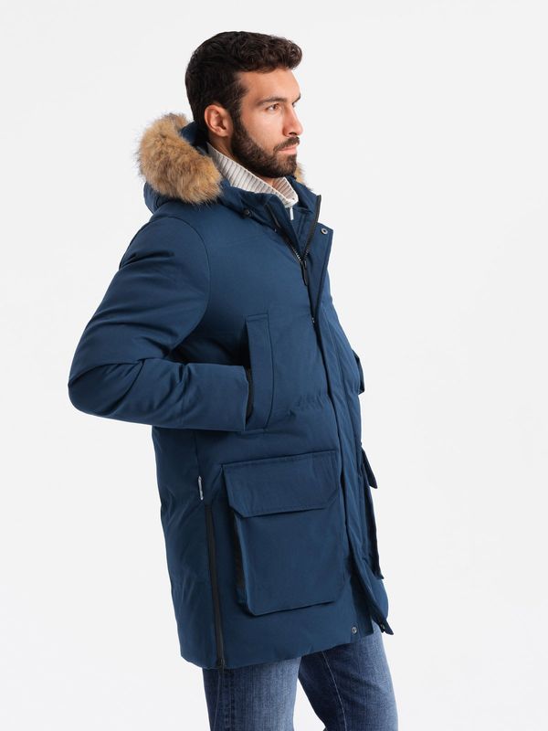 Ombre Ombre Men's long parka jacket with flared bottom - navy blue