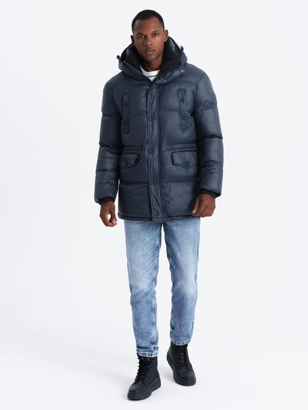 Ombre Ombre Men's long puffer jacket with snap pockets - navy blue