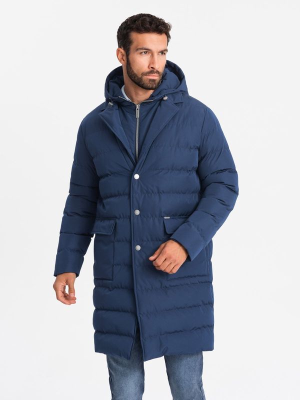 Ombre Ombre Men's long quilted jacket with lapels and lining - dark blue