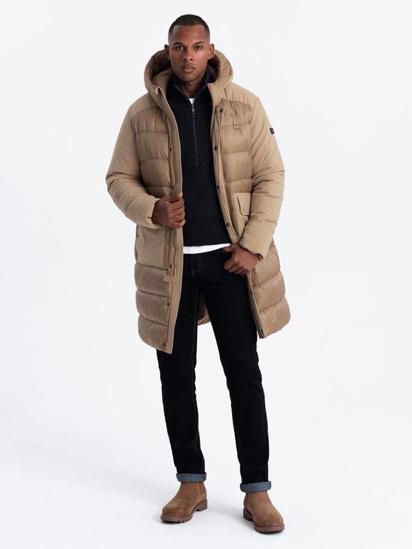 Ombre Ombre Men's long quilted jacket with large pockets - beige