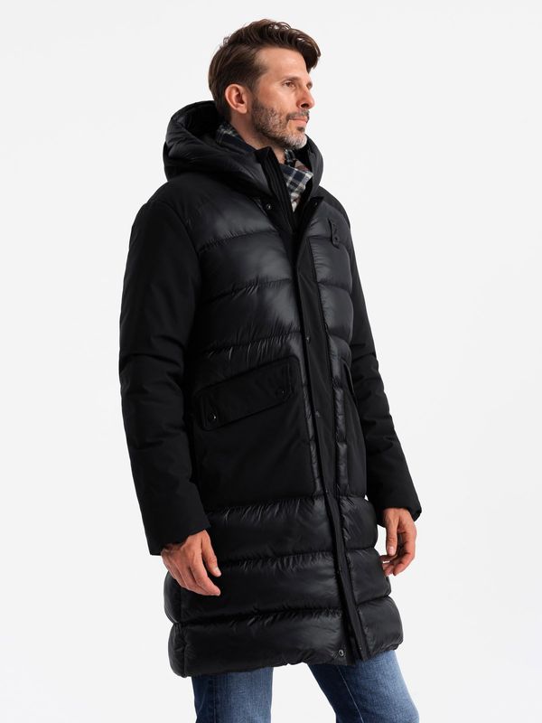 Ombre Ombre Men's long quilted jacket with large pockets - black