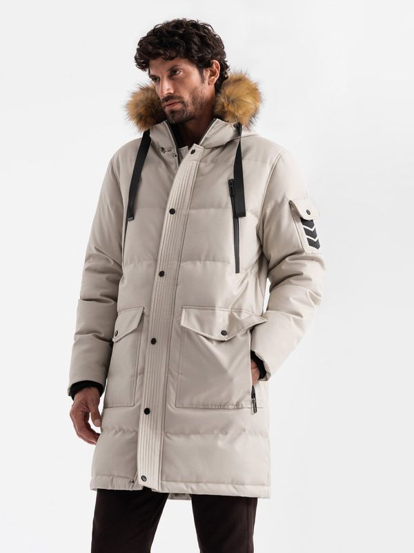 Ombre Ombre Men's long warm parka jacket with hood - beige