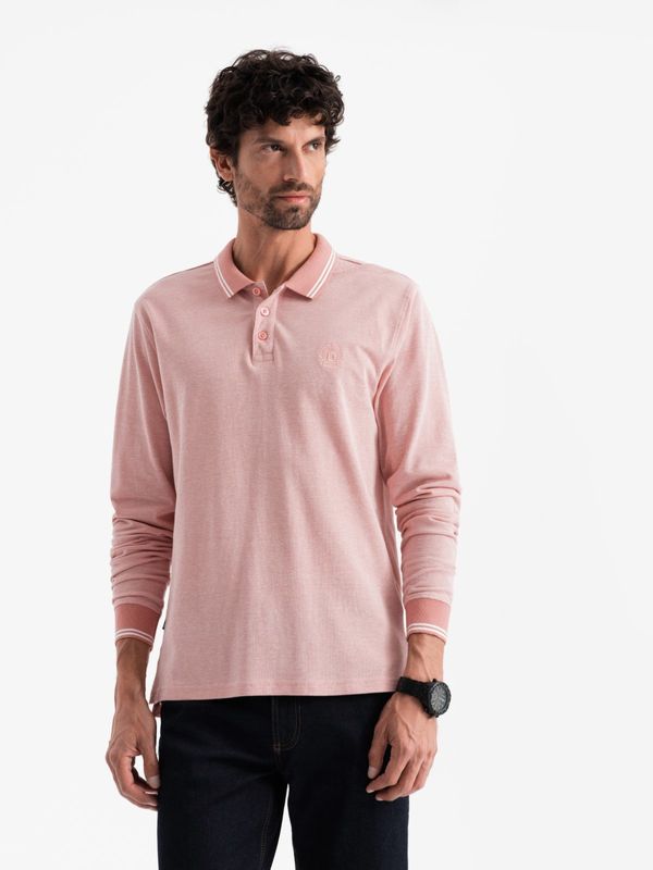 Ombre Ombre Men's melange polo longsleeve with embroidery - pink melange