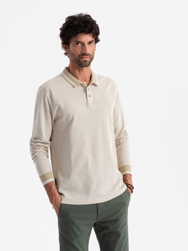 Ombre Ombre Men's melange polo longsleeve with embroidery - sand melange