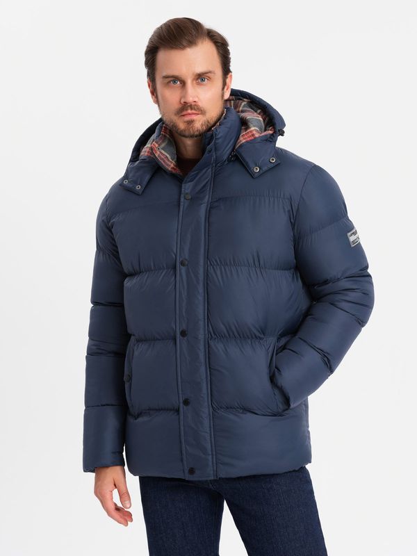 Ombre Ombre Men's puffer jacket with check lining - navy blue