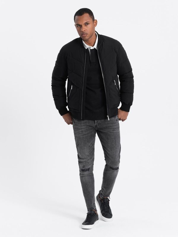 Ombre Ombre Men's quilted bomber jacket with metal zippers - black