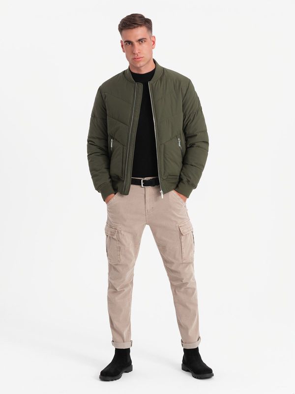 Ombre Ombre Men's quilted bomber jacket with metal zippers - dark olive green