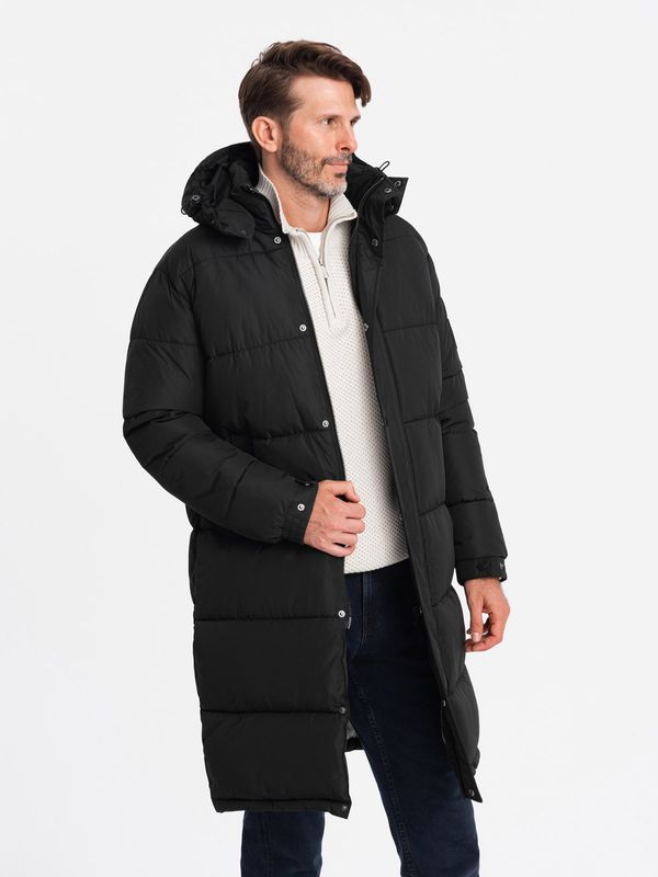 Ombre Ombre Men's quilted long jacket with detachable hood - black