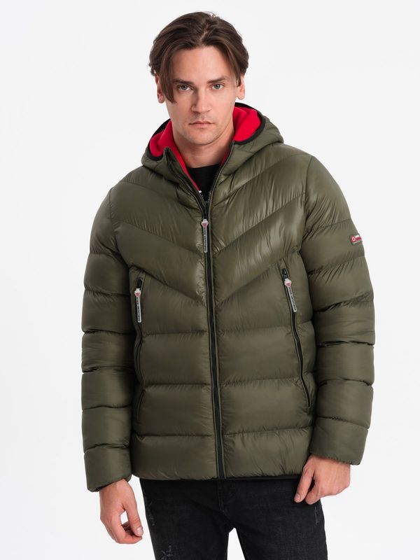 Ombre Ombre Men's quilted winter jacket with combined materials - dark olive green