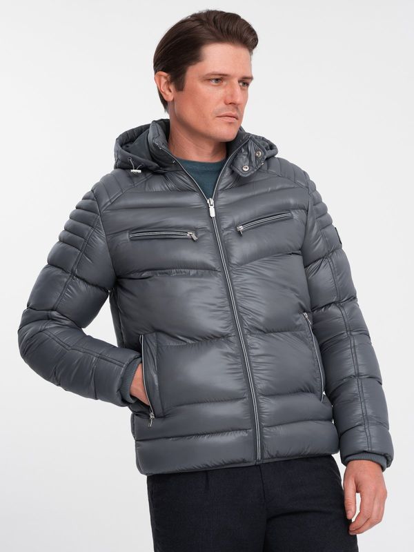 Ombre Ombre Men's quilted winter jacket with decorative zippers - graphite