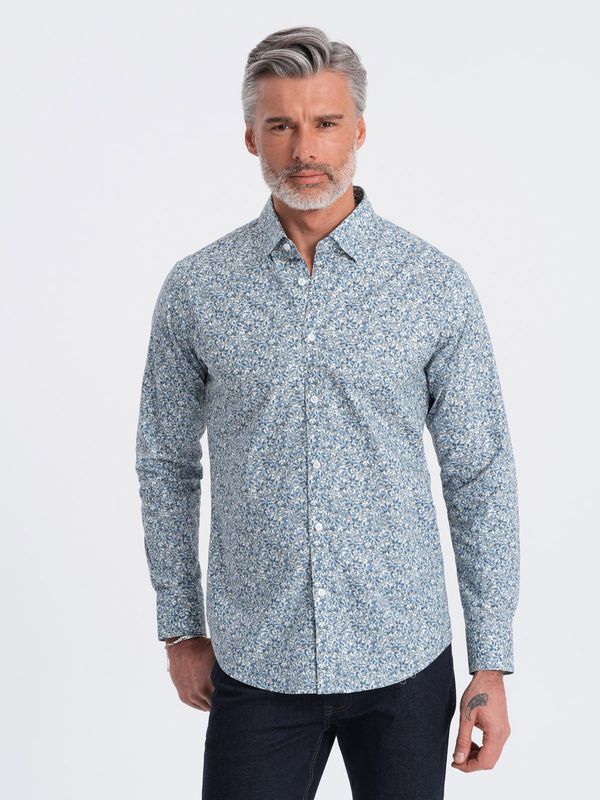 Ombre Ombre Men's SLIM FIT shirt in small leaf print - light blue