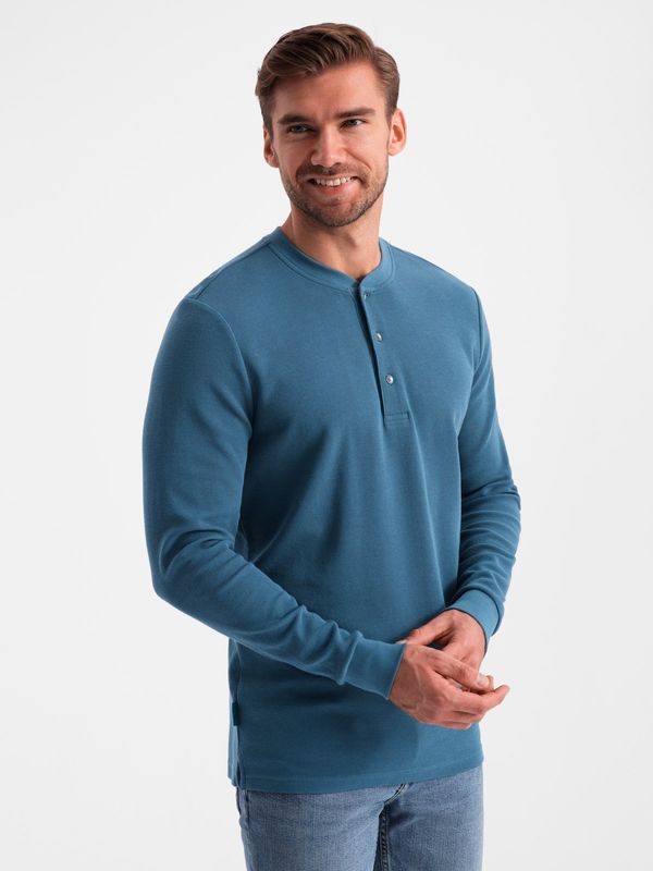 Ombre Ombre Men's waffle knit longsleeve fastened at the neck - blue denim