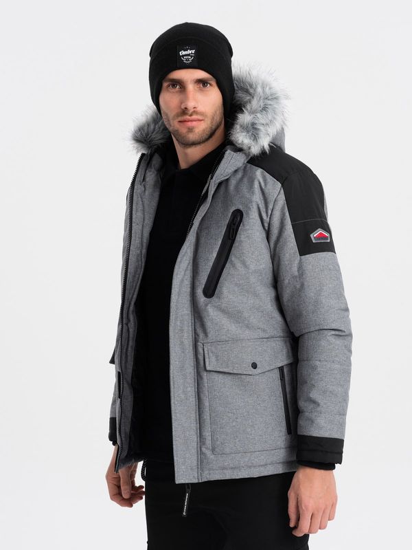 Ombre Ombre Men's winter jacket with adjustable hood with detachable fur - grey and black