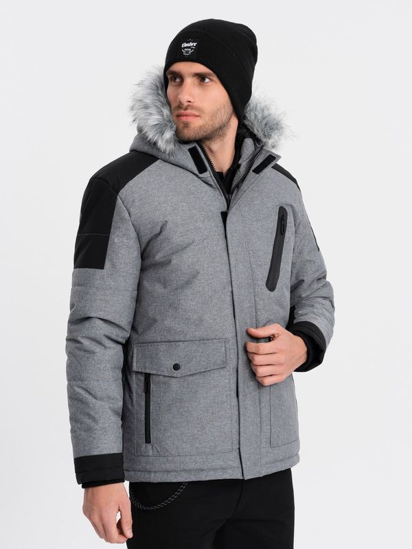 Ombre Ombre Men's winter jacket with adjustable hood with detachable fur - grey and black