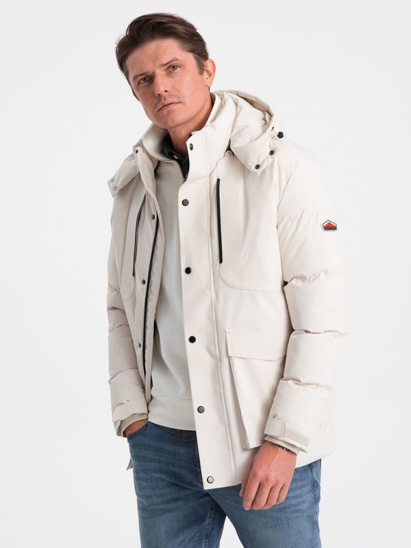 Ombre Ombre Men's winter jacket with detachable hood and cargo pockets - cream