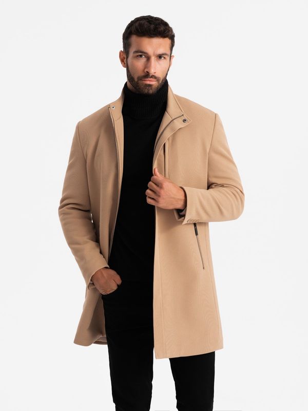 Ombre Ombre Structured fitted coat for men with high collar - light brown