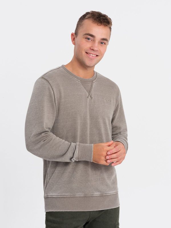 Ombre Ombre Washed men's sweatshirt with decorative stitching at the neckline - beige