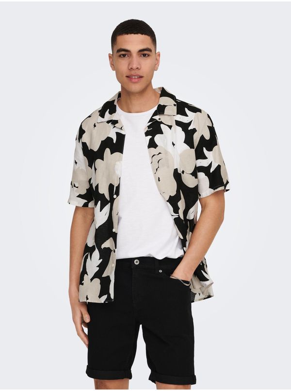 Only ONLY & SONS Beige-Black Men's Patterned Linen Short Sleeve Shirt ONL - Men
