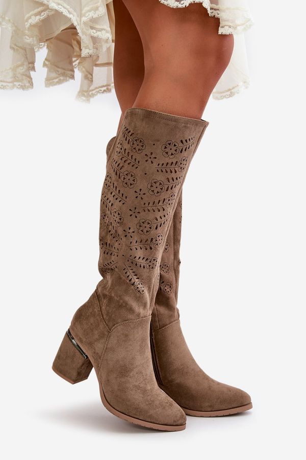 Kesi Openwork women's boots on a heel made of eco suede Vinceza 16443 dark beige