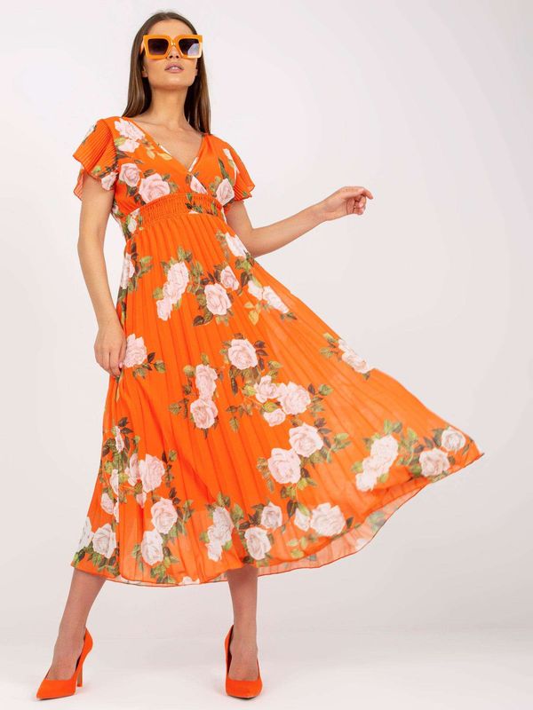 Fashionhunters Orange floral pleated dress in midi length