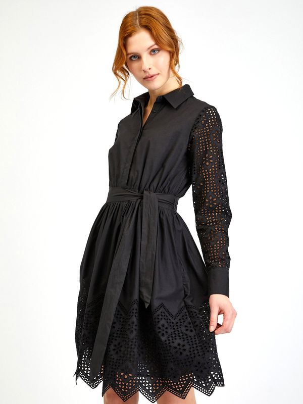 Orsay Orsay Black Ladies Perforated Shirt Dress with Tie - Women