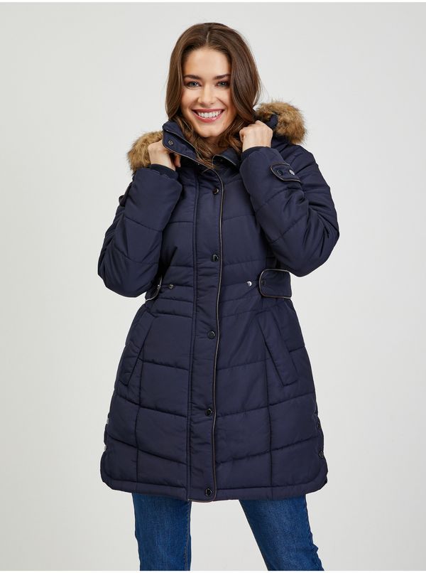 Orsay Orsay Dark blue Women's Quilted Winter Coat with Detachable Hood with Fur - Women