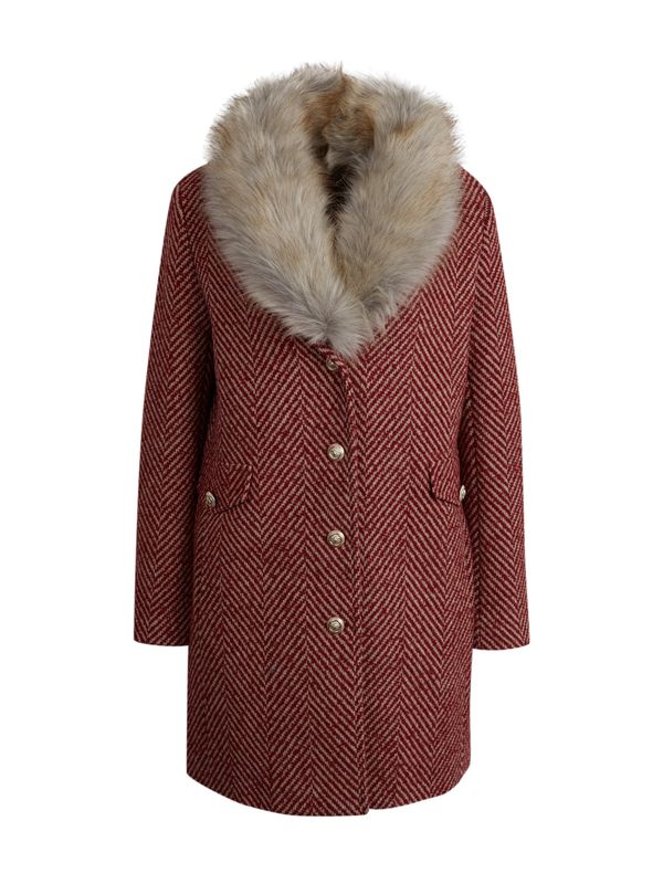 Orsay Orsay Women's Red Patterned Coat with Faux Fur - Women