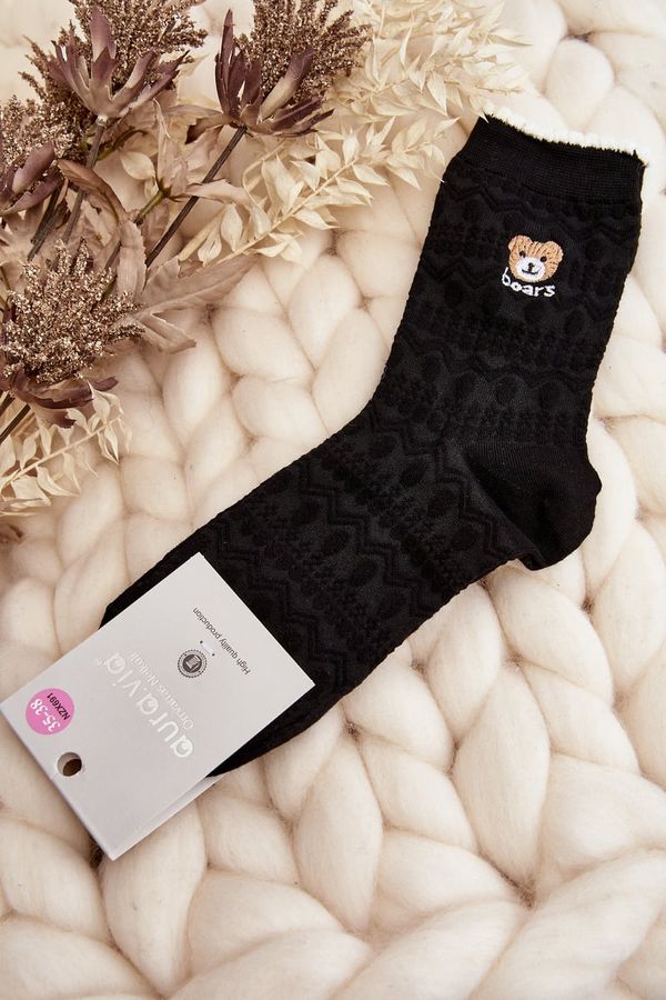 Kesi Patterned socks for women with teddy bear, black