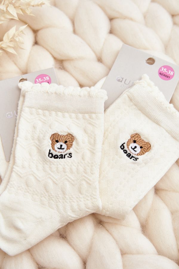 Kesi Patterned socks for women with teddy bear, white
