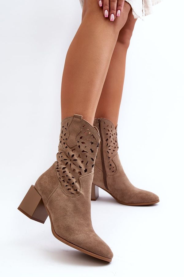 PE2 PE2 Suede Ankle Boots With Cutout Shaft On Block Heel Dark Beige Irvelame