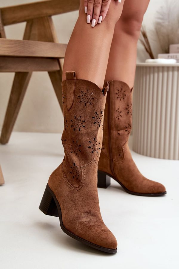 PE2 PE2 Women's Perforated Knee High Boots Made Of Eco Suede Brown Nevilos