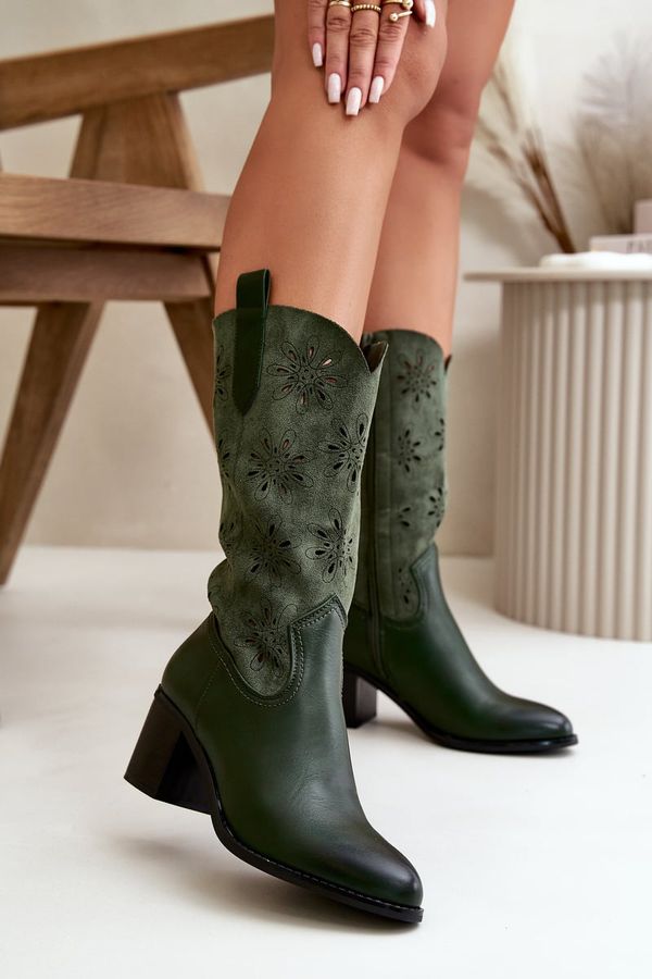 PE2 PE2 Women’s perforated knee-high boots made of eco suede green Nevilos