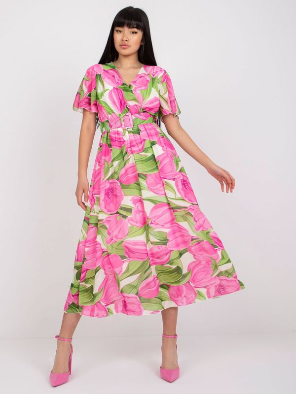 Fashionhunters Pink and green floral dress with a clutch neckline