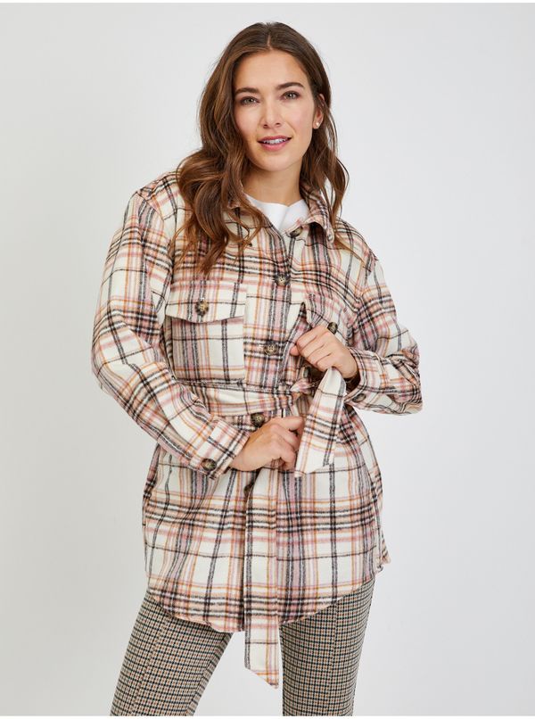 Orsay Pink-cream ladies plaid shirt jacket with tie ORSAY - Ladies