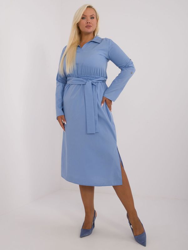 Fashionhunters Plus Size Blue Cotton Dress with Belt