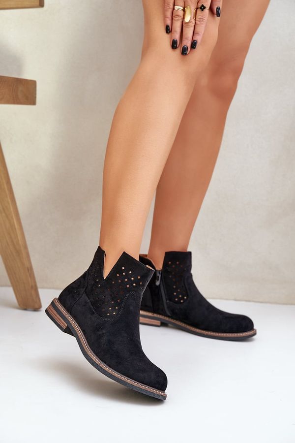 PM1 PM1 Flat Heeled Ankle Boots With Openwork Shaft Black Elivaya