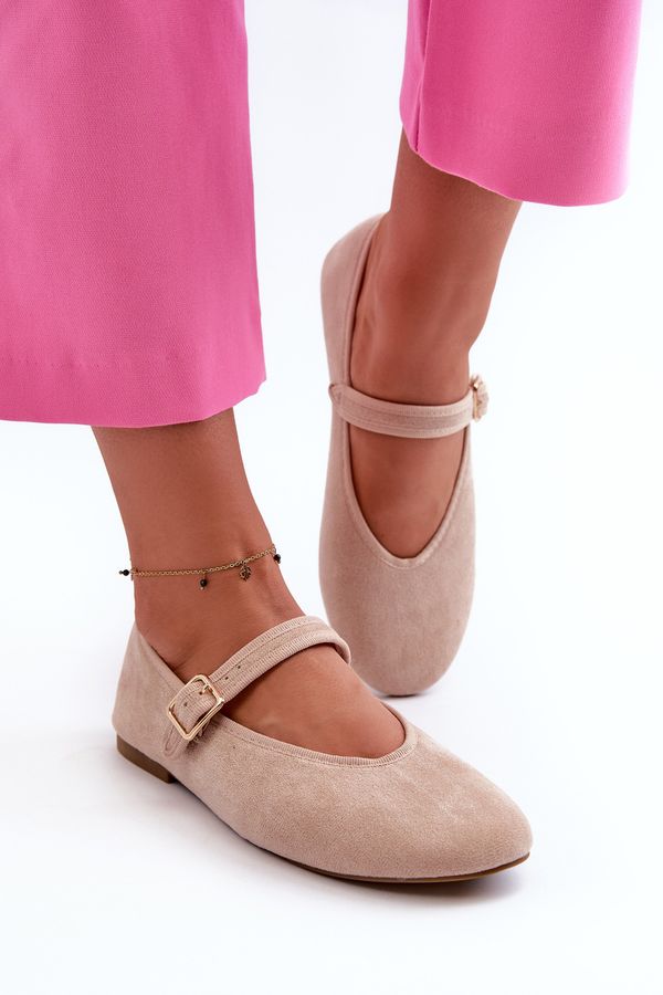 PS1 PS1 Beige Buckled Faux Suede Ballerina Flats Anlofi