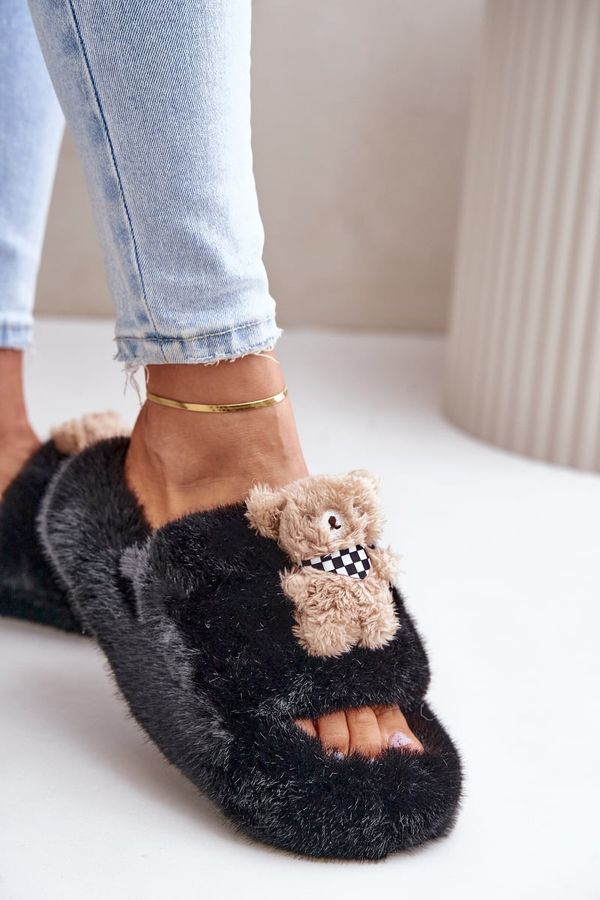 PS1 PS1 Faux Fur Women's Slippers With Bear Black Romania