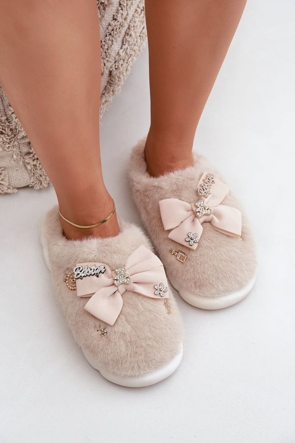 PS1 PS1 Furry Slippers With Bow And Embellishments Beige Annalira