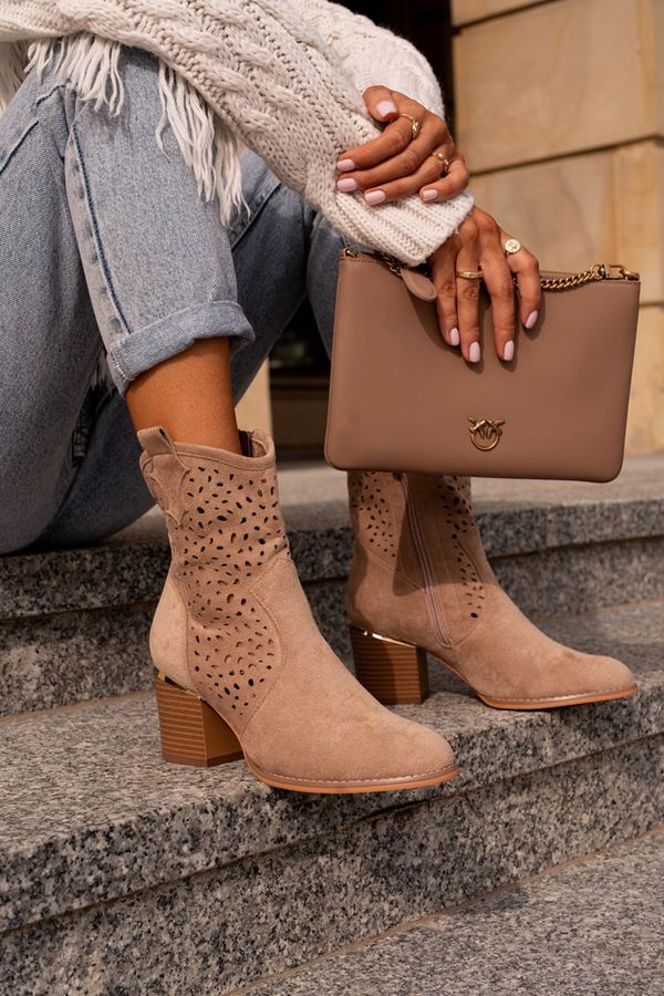 PS1 PS1 Openwork ankle boots with block heel made of eco suede zip closure dark beige Sevana