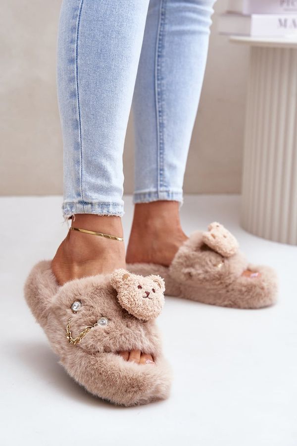 PS1 PS1 Women’s Furry Slippers With Bear And Decorative Elements Beige Innalise