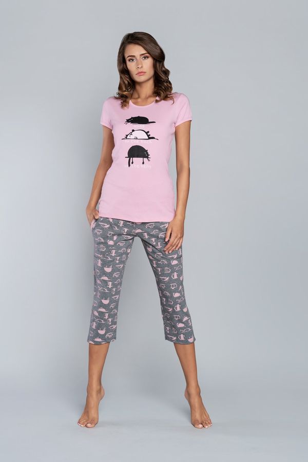 Italian Fashion Pyjamas Dima Short Sleeves, 3/4 Pants - Pink/Medium Print Melange