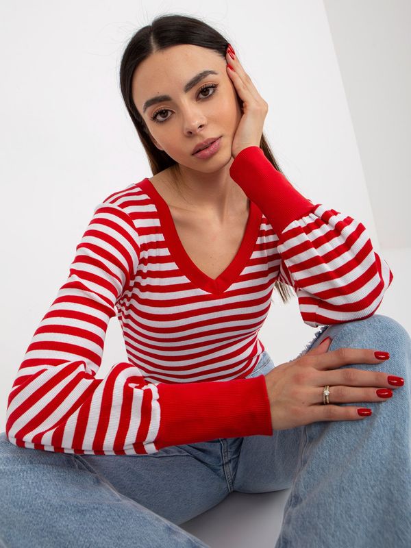 Fashionhunters Red and white striped basic ribbed blouse