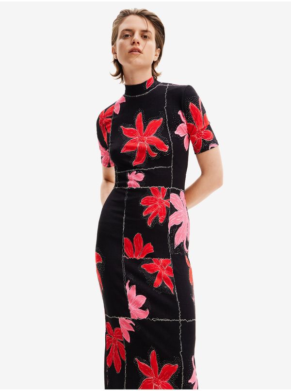 DESIGUAL Red-Black Women's Floral Knit Midi Dress Desigual Quebec - Women