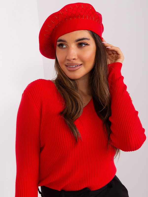 Fashionhunters Red women's beret with rhinestones