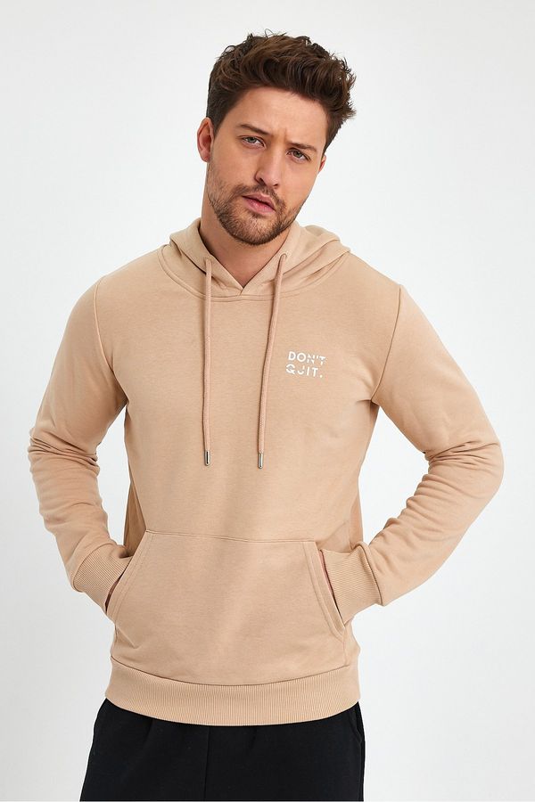 River Club River Club Men's Beige Dont Quit Printed 3 Thread Thick Hooded Sweatshirt